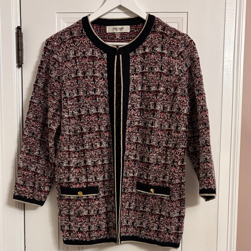 Vintage Inspired Open Front Boucle Cardigan with Gold Buttons and Black Trim
